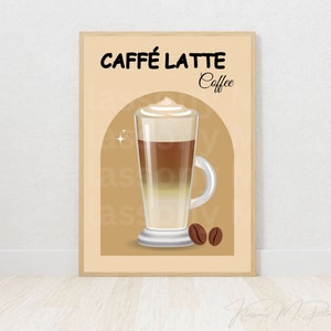 May include: A digital illustration of a caffe latte in a glass with a brown background and the text "Caffe Latte Coffee".
