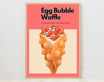 Delicious Egg Bubble Waffle Printable Wall Art, Waffle Strawberries and Cream Poster, Egg-cellent Gift For Waffle Lover, DIGITAL DOWNLOAD
