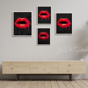 Red Hot Lips Set of 4 Printable Wall Art Prints with Unique Styles, Dripping Red Lips Bold Decor on Black Backdrop DIGITAL Lip Poster Design