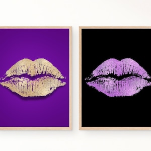 Gold Lips and Purple Lips Printable Wall Art, Purple and Black Big Lip Print Posters, Bold Striking Decor Set, DIGITAL DOWNLOAD, PRINTABLE