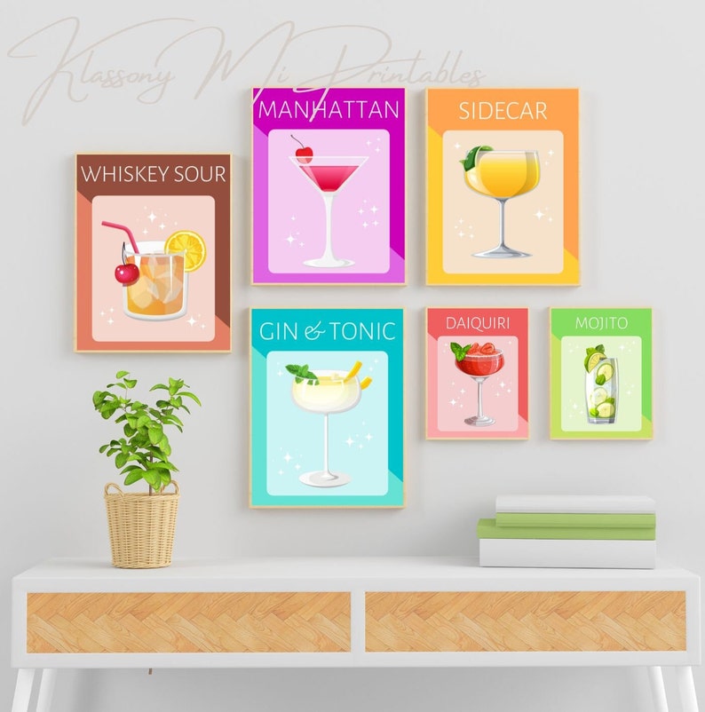 printable kitchen prints wall art, set of 6, hand... Set of 6 Cocktail Drinks Printable Wall Art, Colourful Cocktail Prints ...