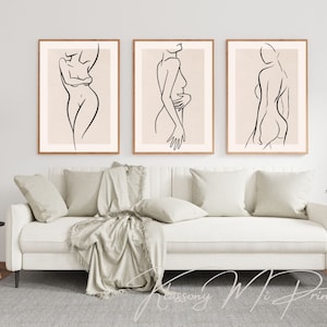 Set of 3 Abstract Female Line Art Wall Print Woman Figure Illustration Printable Wall Decor Body Drawing Digital Art Download Beige & Black
