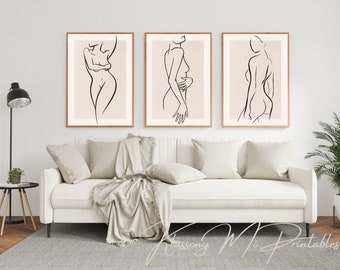 Set of 3 Abstract Female Line Art Wall Print Woman Figure Illustration Printable Wall Decor Body Drawing Digital Art Download Beige & Black