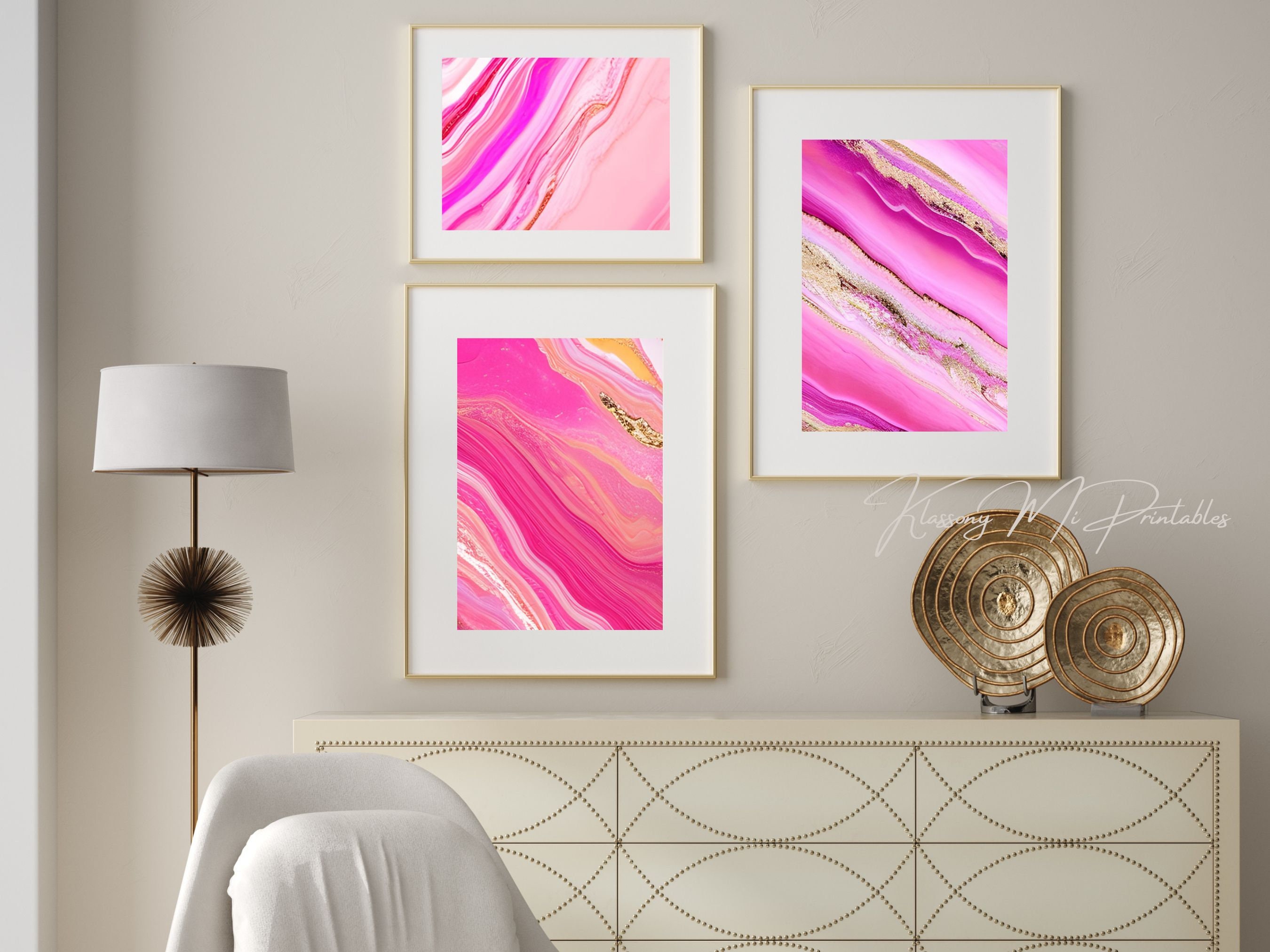 Pink & Gold Marble Effect Wall Art Set of 6, Abstract Marbled Design ...