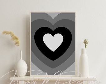 Black and Grey Heart Printable Wall Art, Trendy Heart