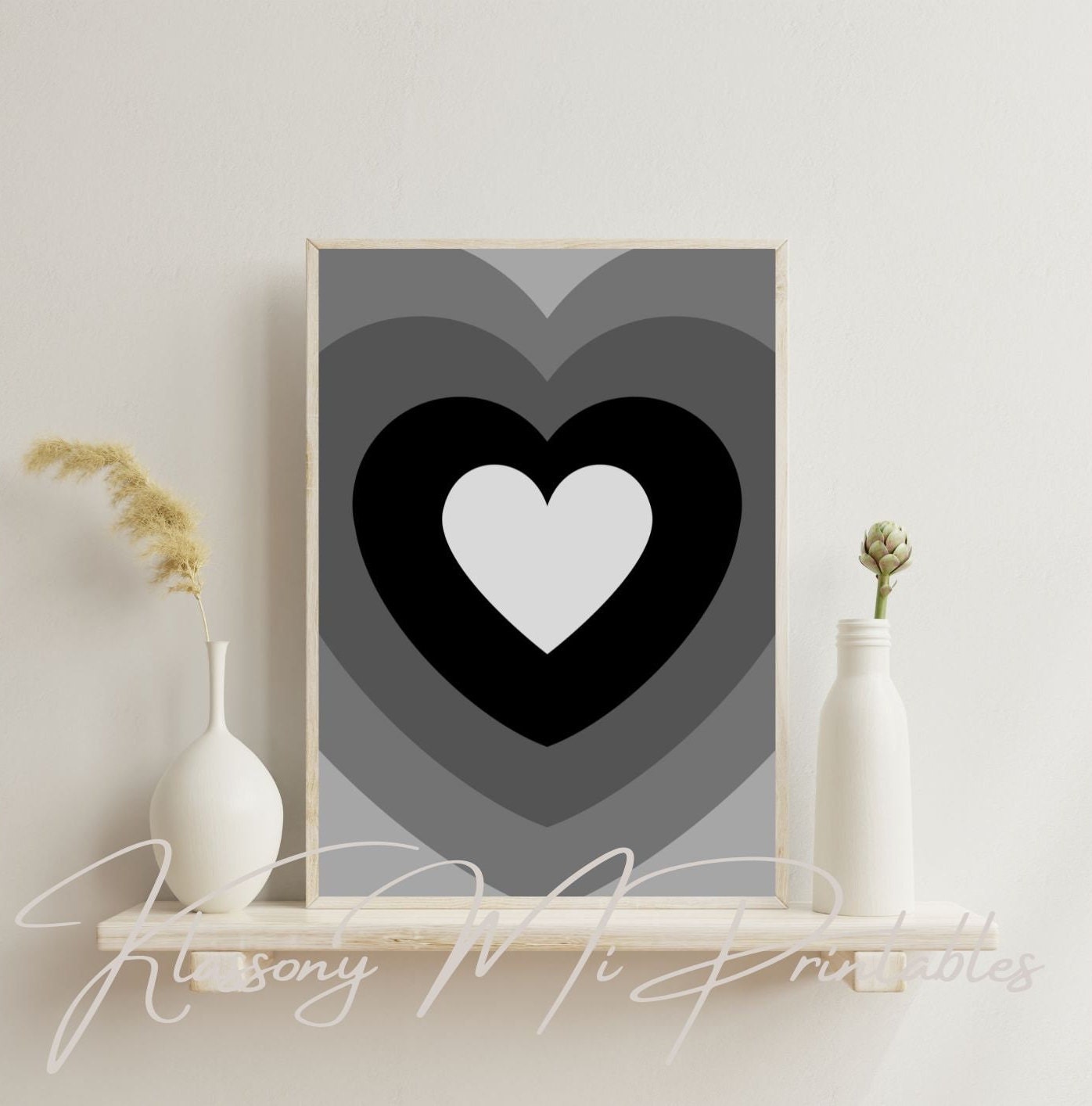 Society6 ケース Black Based White Heart Black and Grey Heart Printable Wall Art, Trendy Heart