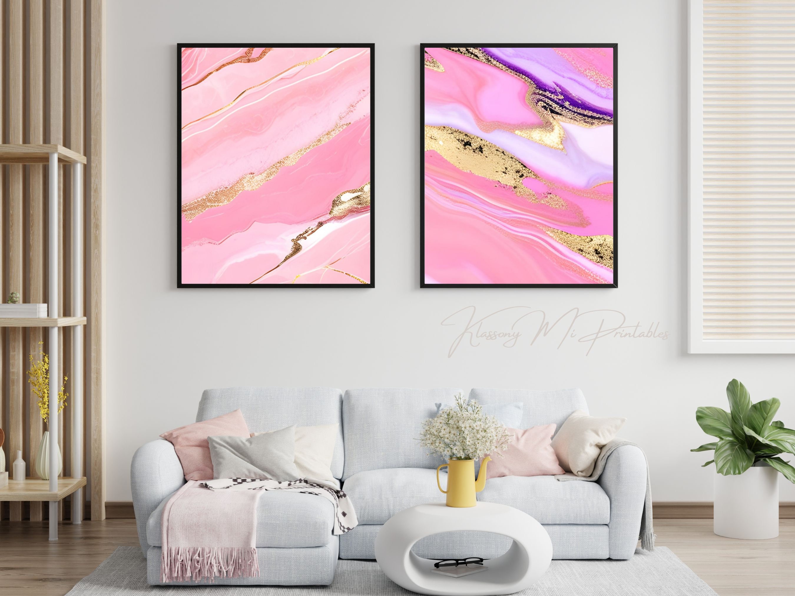 Pink & Gold Marble Effect Wall Art Set of 6, Abstract Marbled Design ...