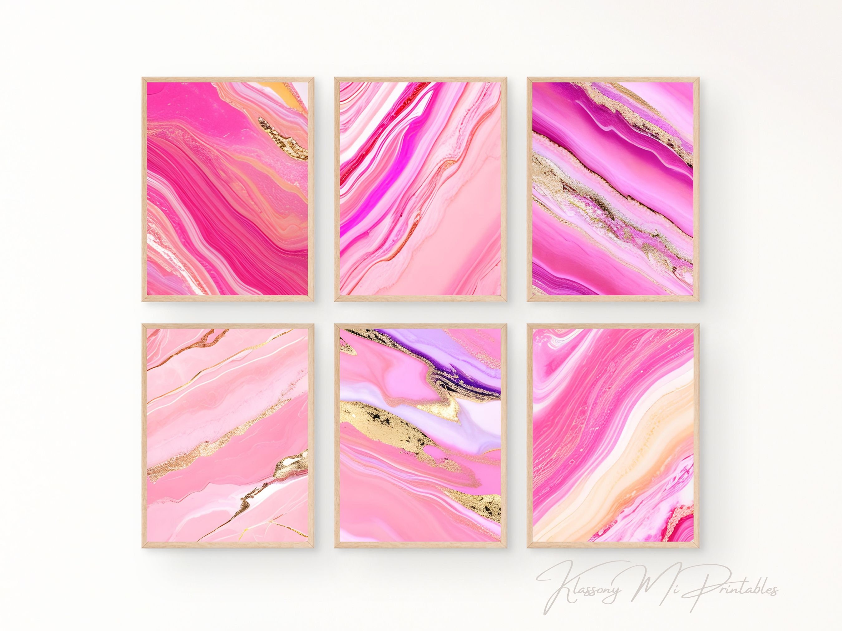 Pink & Gold Marble Effect Wall Art Set of 6, Abstract Marbled Design ...