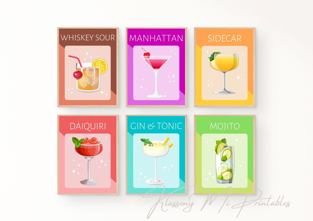 printable kitchen prints wall art, set of 6, hand... Set of 6 Cocktail Drinks Printable Wall Art, Colourful Cocktail Prints ...