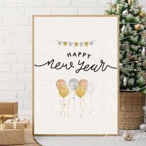Bonne année 2024 décoration d&#39;art mural imprimable, impression de nouvel an esthétique, affiche de célébration du nouvel an pastel, TÉLÉCHARGEMENT NUMÉRIQUE de l&#39;année 2024