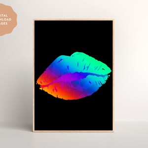 Rainbow Lips Printable Wall Art, Neon Multi-Coloured Poster, Black Background, Modern Decor, DIGITAL DOWNLOAD, PRINTABLE