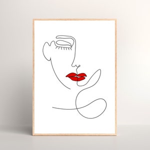 Face Print Digital Wall Art, Face Drawing with Red Lips Decor, Female Line Art, Minimalist Portrait Poster, DIGITAL DOWNLOAD, PRINTABLE