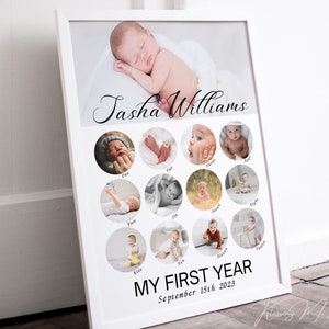 Galería de fotos del hito del primer cumpleaños, recuerdo personalizado de la foto del bebé imprimible, signo de la guardería de un año DESCARGA DIGITAL regalo de la foto personalizada