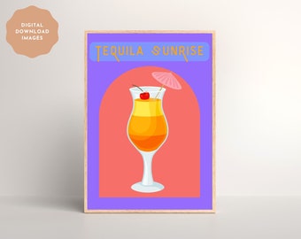Tequila Sunrise Cocktail Print, Colourful Retro Cocktail Printable Wall Decor, Tequila Sunrise Drink Poster, DIGITAL DOWNLOAD, PRINTABLE