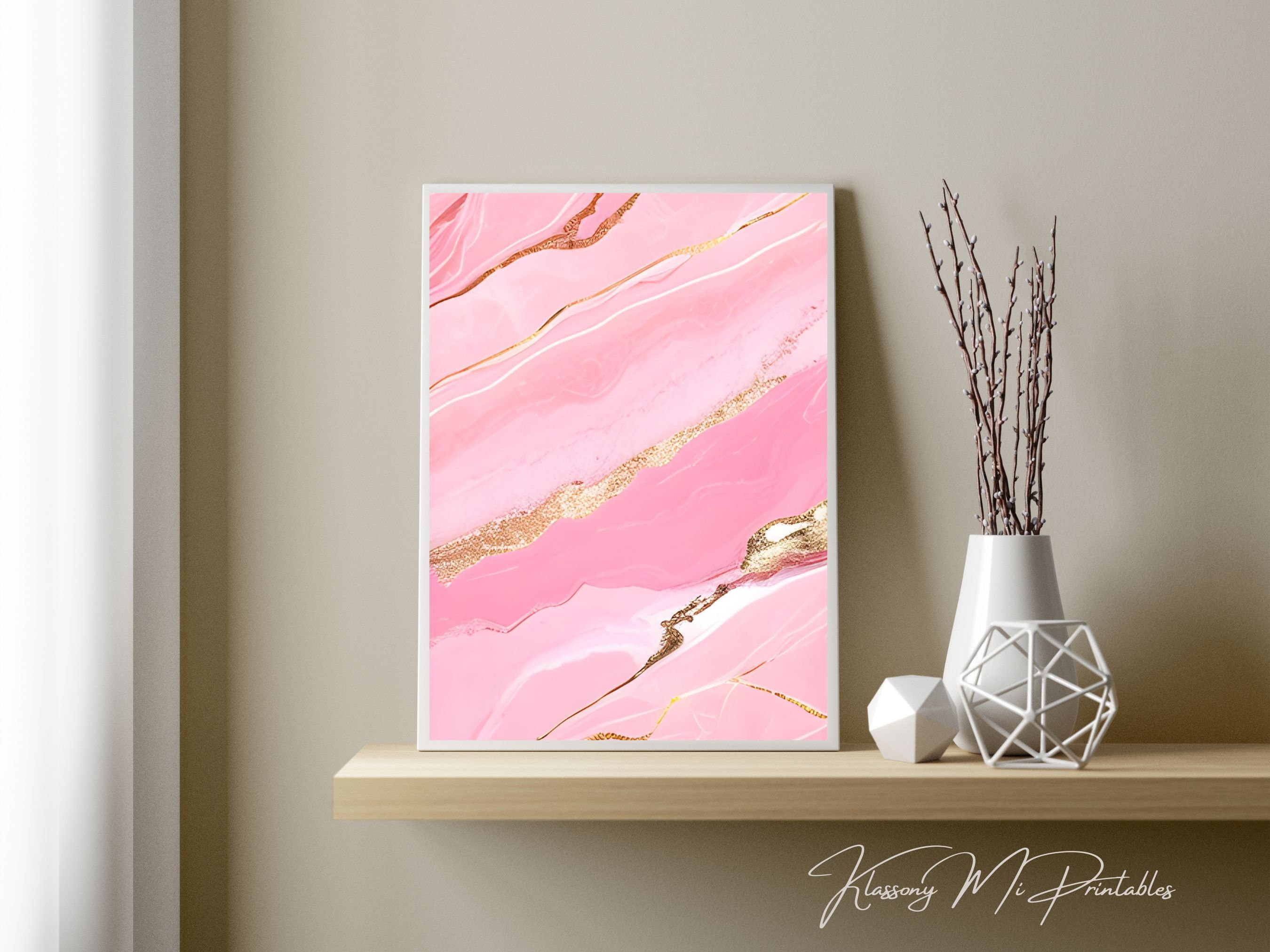 Pink & Gold Marble Effect Wall Art Set of 6, Abstract Marbled Design ...