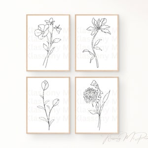 Set of 4 Abstract Flower Line Art Minimalist Wall Print Floral Illustration Printable Wall Decor Black & White Drawing Digital Art Download