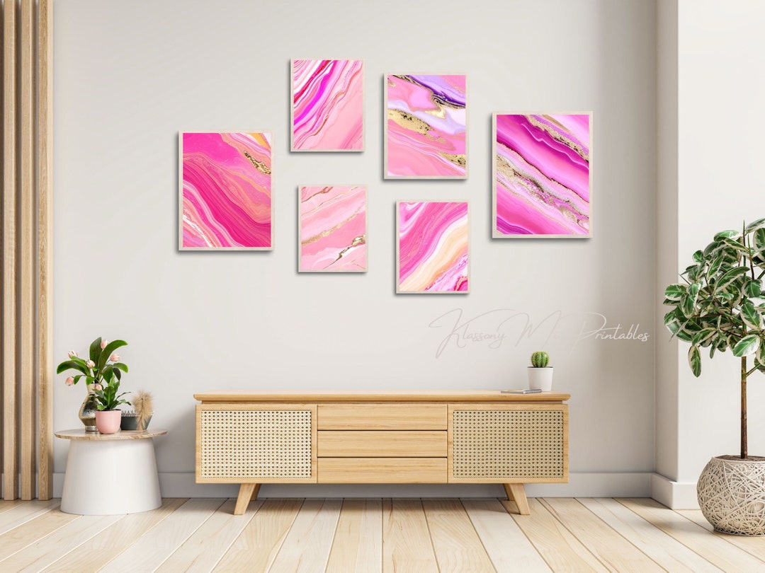 Pink & Gold Marble Effect Wall Art Set of 6, Abstract Marbled Design ...