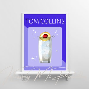 Tom Collins Cocktail Drink Downloadable Art, Tom Collins Digital Wall Decor, Blue Cocktail Print, Bar Wall Art, DIGITAL DOWNLOAD, PRINTABLE