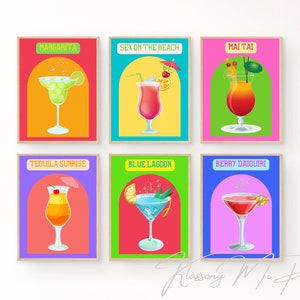 Colourful Bold Cocktail Drink Art Gallery, Set of 6 Digital Cocktail Prints, Bar Wall Decor, Cocktail Posters, DIGITAL DOWNLOAD, PRINTABLE