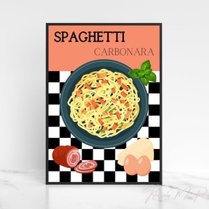 Spaghetti Carbonara Wall Art Printable with Checkered Pattern & Recipe Cooking Ingredients Perfect For Any Pasta Lover&#39;s Kitchen DIGITAL ART