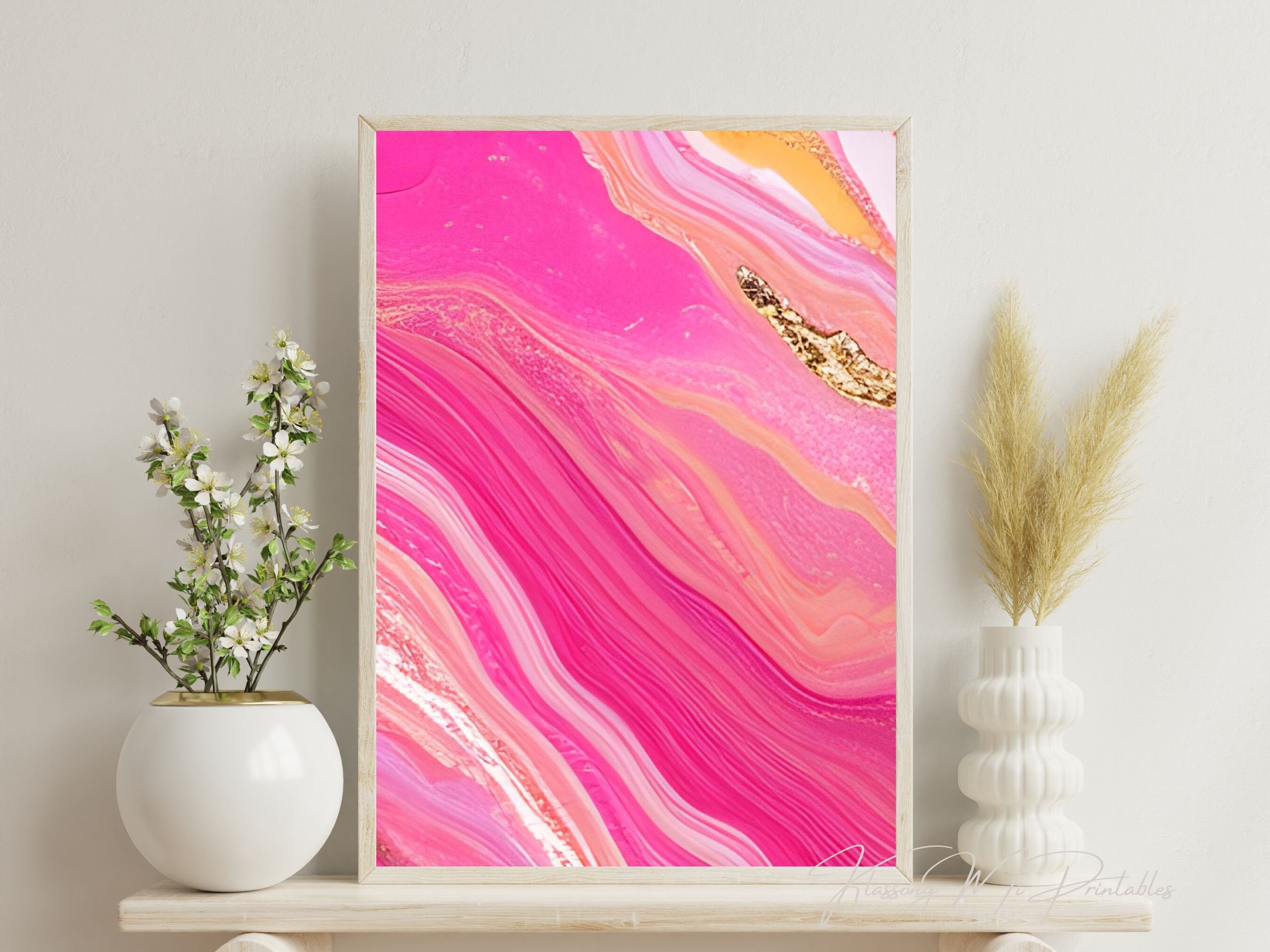 Pink & Gold Marble Effect Wall Art Set of 6, Abstract Marbled Design ...