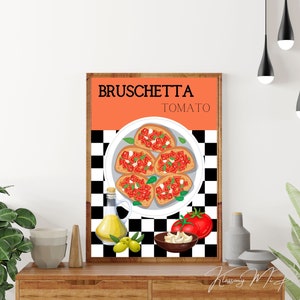Tomate Bruschetta Printable Wall Art mettant en vedette des ingrédients de cuisine frais italien Flair cuisine Home Decor Foodie Art affiche téléchargement numérique