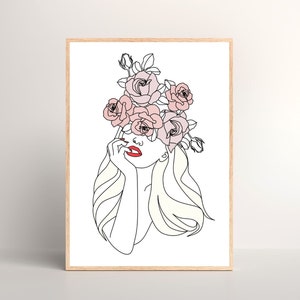 Woman Line Art Print, Minimalist Drawing, Floral Art Decor, Blush Pink Illustration, Pastel Poster, DIGITAL DOWNLOAD, PRINTABLE