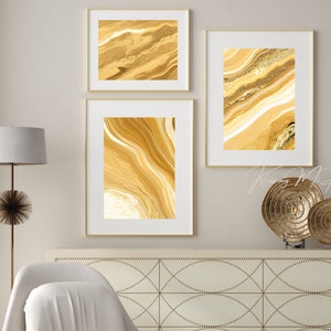 Juego de remolinos dorados de 3 decoración de arte imprimible de mármol abstracto, descarga instantánea de arte de pared con efecto de mármol elegante, galería de arte de póster de mármol dorado