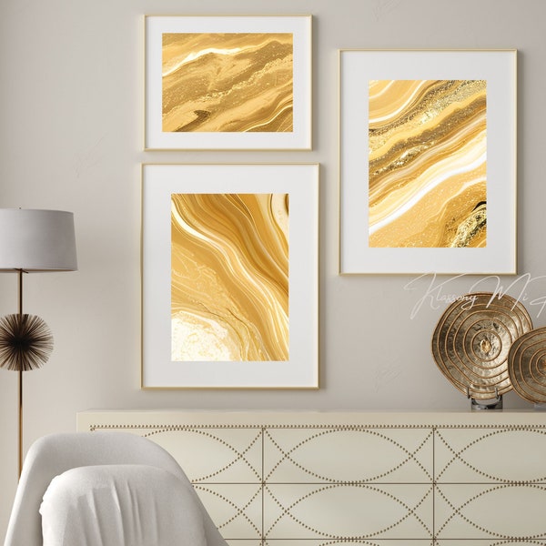 Golden Swirls Set of 3 Abstract Marbled Printable Art Decor, Stylish Marble Effect Wall Art Instant Download, Gold Marble Poster Art Gallery