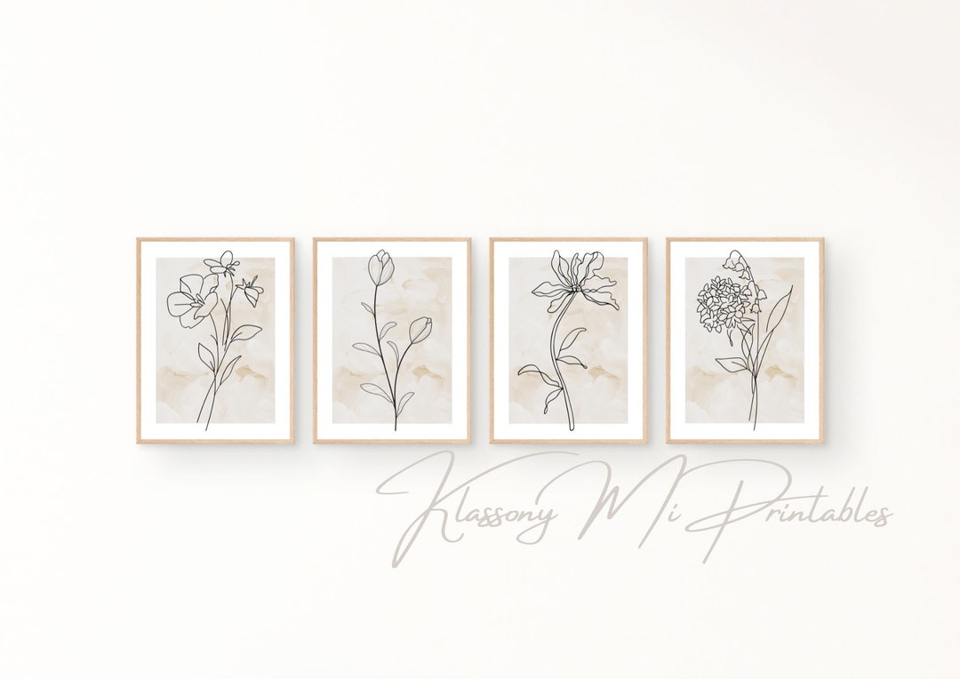 Set of 4 Light Beige Floral Wall Art Digital Download Print Minimalist Floral Botanical