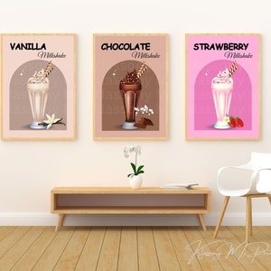 Set van 3 milkshake afdrukbare kunstposters, vanille chocolade aardbei smaak bevroren shake drink digitale muur kunst, shake minnaar print cadeau
