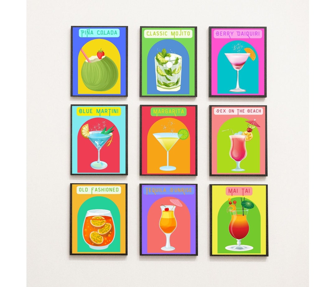 printable kitchen prints wall art, set of 6, hand... Cocktail Gallery Print Set, Bar Cart Cocktail Print Set of 9, Bar ...