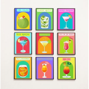 Cocktail Gallery Print Set, Bar Cart Cocktail Print Set van 9, Bar Printable Wall Art, Kleurrijke Drank Print Set, DIGITALE DOWNLOAD, PRINTABLE