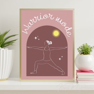 Blush Rose Yoga Wall Art Print with Warrior Mode Inspirational Quote for Zen Decor, Warrior Yoga Pose Printable Wall Image DIGITAL DOWNLOAD