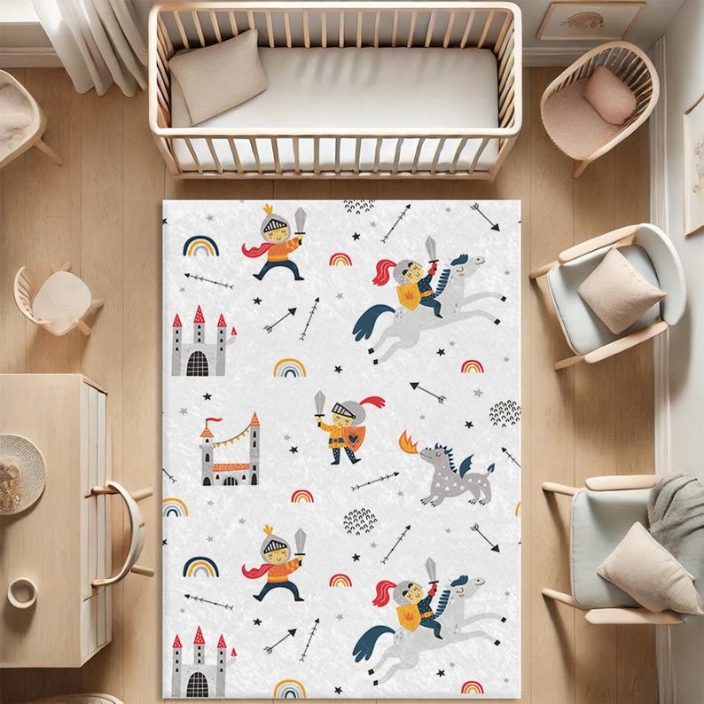 May include: A white and gray rug with a repeating pattern of knights, dragons, castles, and rainbows. The rug has a whimsical and playful design.