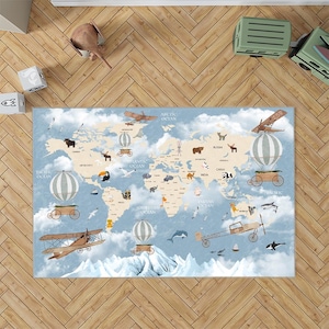 Alfombra infantil con mapa del mundo, alfombra con modelos de mapas, alfombra infantil con países, alfombra infantil educativa, alfombra con avión, alfombra infantil.