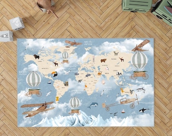 May include: A rectangular area rug featuring a world map design with a light blue sky background filled with white clouds. The map includes illustrations of vintage airplanes, hot air balloons, and various animals placed across continents.