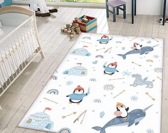 Dywan dziecięcy Fantasy Arctic, dywan do pokoju zabaw Penguin Narwhal Dragon