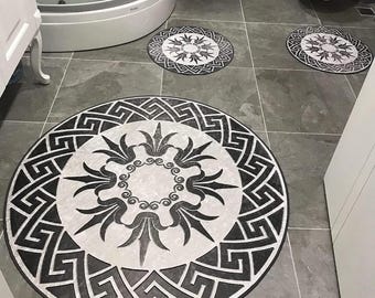 Round Bathroom Rug Set: Geometric Greek Key Design, 3-Piece