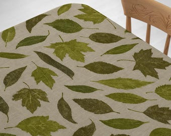 Obrus z botanicznym wzorem liści, zielony, naturalny obrus, nowoczesny obrus do jadalni w stylu rustykalnym, minimalistyczny obrus z wzorem liści, neutralny wystrój domu