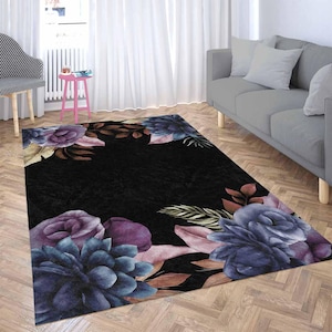 Black Floral Carpet, Digital Printed Modern Carpet, Floral Decorative Rug, Colorful Patterned Carpet, For Living Room, For Hall, For Bedroom