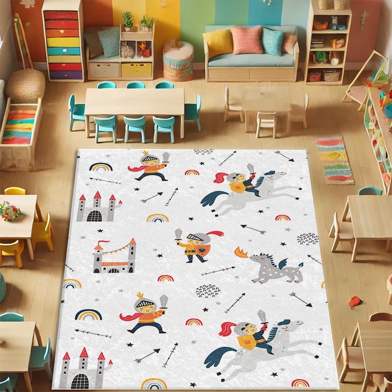 May include: A white play rug with a colorful knight and dragon theme. The rug features knights on horses, dragons, castles, rainbows, and arrows.