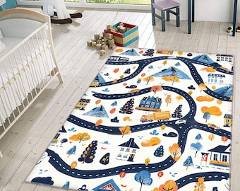 Kids Road Map Play Rug: Washable Nursery Activity Mat