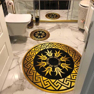 Black and Gold Three Piece Bathroom Rug Set, Gold Yellow Bath Mat, Round Modern Bath Mat, Stylish Bathroom Rug, Washable Soft Bath Mat