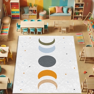 Mondphasen gemusterter Teppich, Teppich mit bunten Formen, Skandinavischer Kinderteppich, Boho Teppich, Spielteppich, Teppich für Kinder, Kinderzimmerteppich