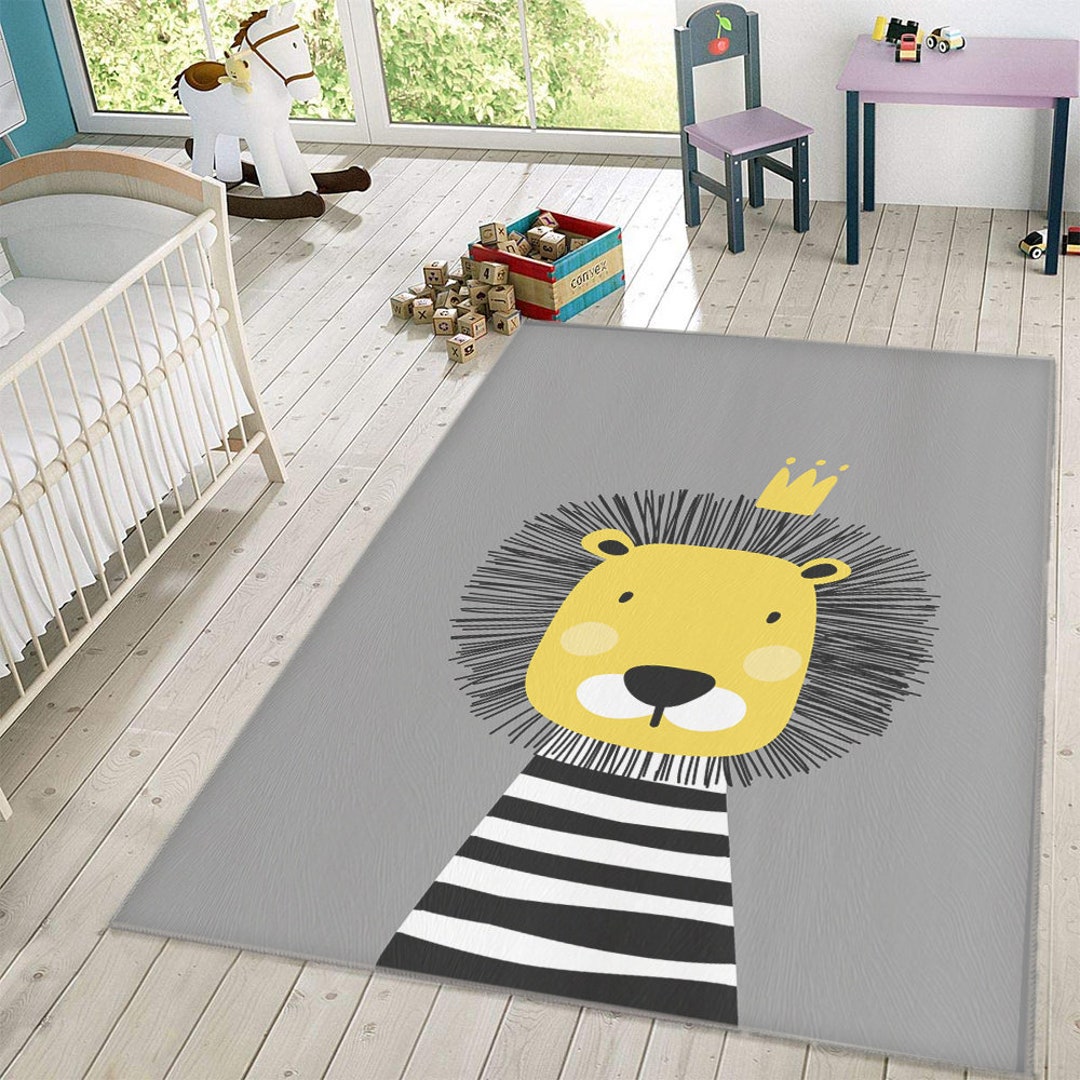 Lion Model Children's Rug, Washable Nursery Rug, Gray Rug, Lion Rug