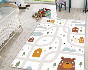 Scandinavian Kids Play Rug: Teddy Bear & Town Design