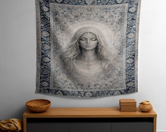 Duchowa tkanina ścienna, gobelin z eteryczną kobietą, dekoracja ścienna z tkaniny w stylu vintage, neutralny styl boho