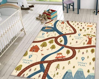 Town Road Play Rug: Kids Car Track Mat, Nursery Playroom Carpet
