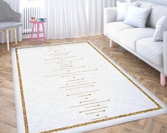 Dywan White Gold Runner: minimalistyczna, abstrakcyjna linia, nowoczesna dekoracja sypialni